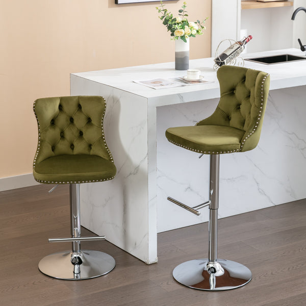 English Elm Swivel Velvet Barstools with Tufted Back and Chrome Base, Adjustable 25-33" Height, 360° Comfort Olive Green W1143124780