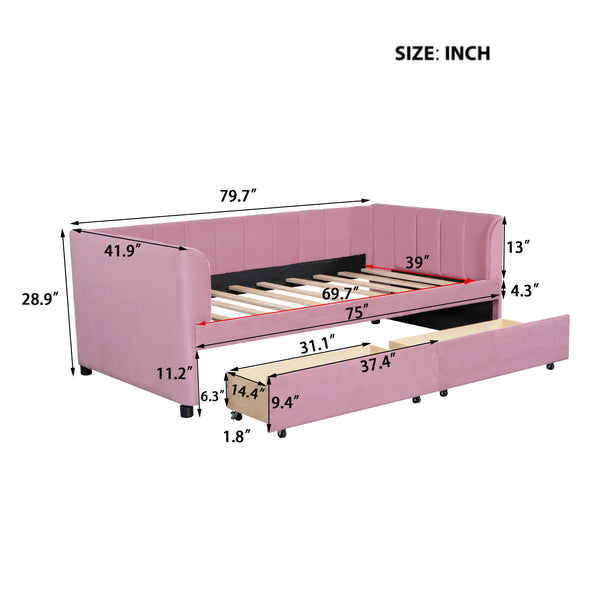 English Elm Twin Upholstered Daybed with Ergonomic Backrest, Classic Stripe Headboard and Hidden Storage Drawers Pink SF000071AAH