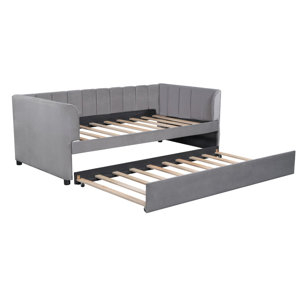 English Elm Twin Upholstered Daybed with Ergonomic Backrest and Velvet Finish, Twin Trundle for Guests and Space Saving Gray SF000072AAE