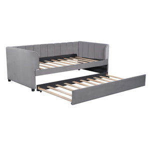 English Elm Twin Upholstered Daybed with Ergonomic Backrest and Velvet Finish, Twin Trundle for Guests and Space Saving Gray SF000072AAE