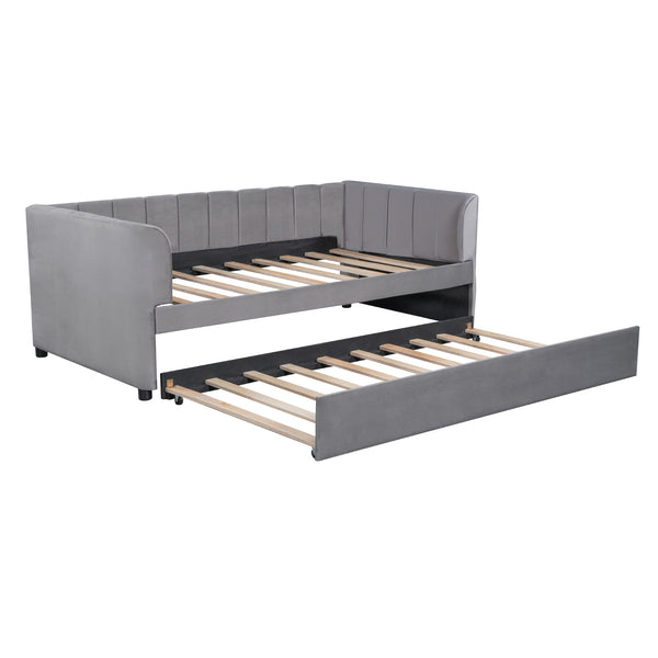 English Elm Twin Upholstered Daybed with Ergonomic Backrest and Velvet Finish, Twin Trundle for Guests and Space Saving Gray SF000072AAE