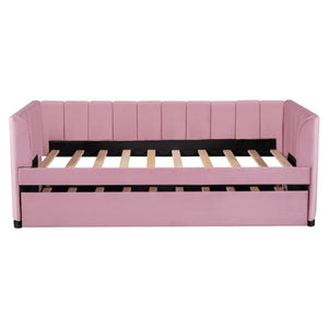 English Elm Twin Upholstered Daybed with Ergonomic Backrest and Velvet Finish, Twin Trundle for Guests and Space Saving Pink SF000072AAH