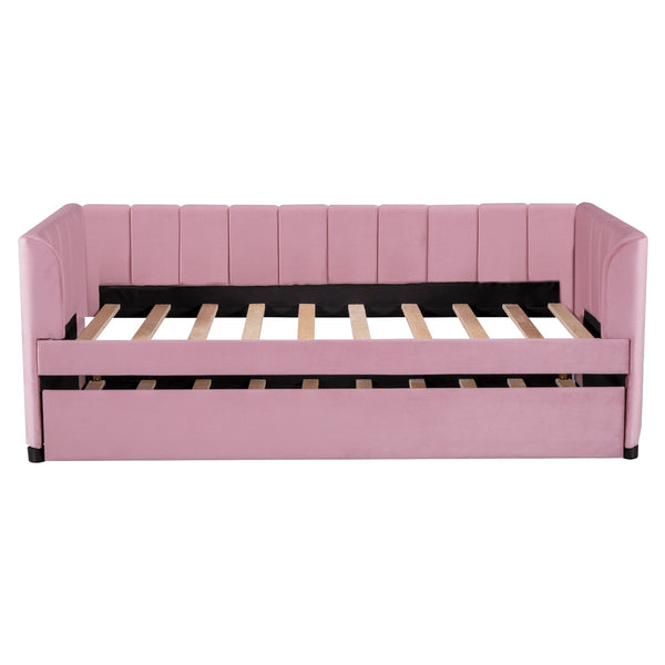 English Elm Twin Upholstered Daybed with Ergonomic Backrest and Velvet Finish, Twin Trundle for Guests and Space Saving Pink SF000072AAH