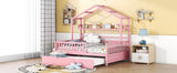 English Elm Wooden Full Size House Bed With Twin Size Trundle,Kids Bed With Shelf, Pink