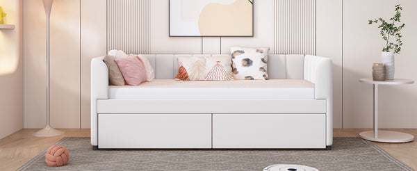 English Elm Twin Upholstered Daybed with Ergonomic Backrest, Classic Stripe Headboard and Hidden Storage Drawers Beige SF000071AAA