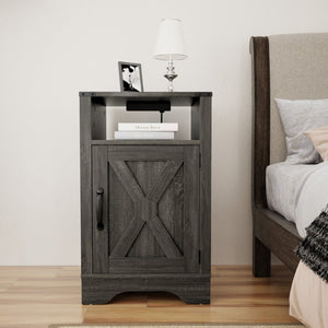 English Elm Farmhouse Rustic Nightstand Set of 2 with Built-in Charging Station and Open Display Shelf Dark Grey B082134936