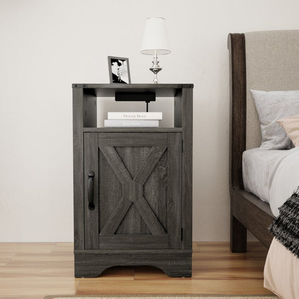 English Elm Farmhouse Rustic Nightstand Set of 2 with Built-in Charging Station and Open Display Shelf Dark Grey B082134936