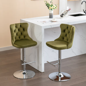 English Elm Swivel Velvet Barstools Adjustable 25–33" Seat Height, Tufted Back, Chrome Base, Modern Pub Comfort Olive Green W1143124780