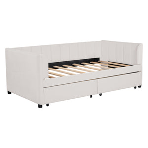 English Elm Twin Upholstered Daybed with Ergonomic Backrest, Classic Stripe Headboard and Hidden Storage Drawers Beige SF000071AAA