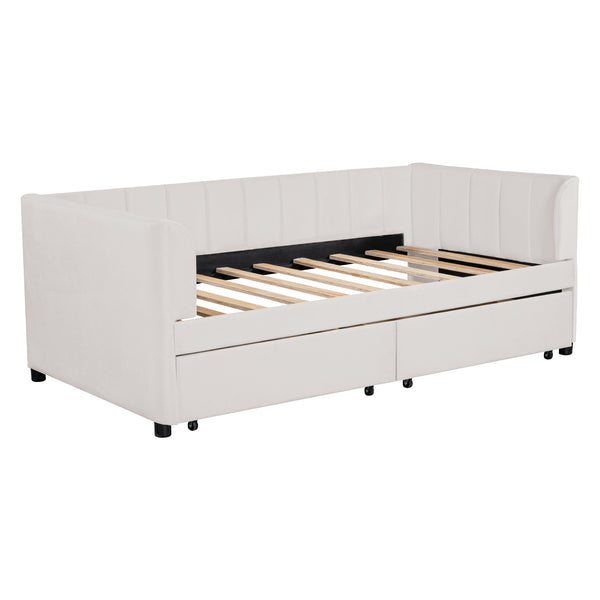 English Elm Twin Upholstered Daybed with Ergonomic Backrest, Classic Stripe Headboard and Hidden Storage Drawers Beige SF000071AAA