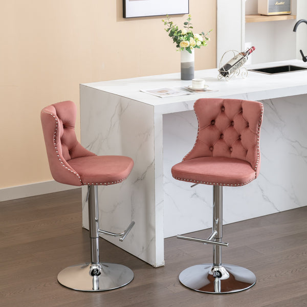 English Elm Swivel Velvet Barstools Adjustable 25–33" Seat Height, Tufted Back, Chrome Base, Modern Pub Comfort Pink W1143124778