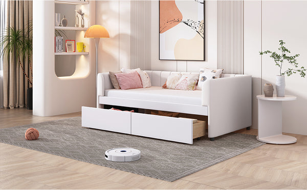 English Elm Twin Upholstered Daybed with Ergonomic Backrest, Classic Stripe Headboard and Hidden Storage Drawers Beige SF000071AAA