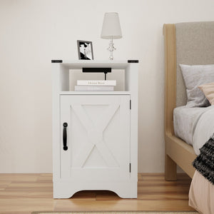 English Elm Farmhouse Rustic Nightstand Set of 2 with Built-in Charging Station and Open Display Shelf White B082134940