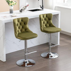 English Elm Swivel Velvet Barstools with Tufted Back and Chrome Base, Adjustable 25-33" Height, 360° Comfort Olive Green W1143124780