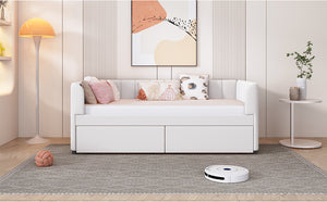 English Elm Twin Upholstered Daybed with Ergonomic Backrest, Classic Stripe Headboard and Hidden Storage Drawers Beige SF000071AAA