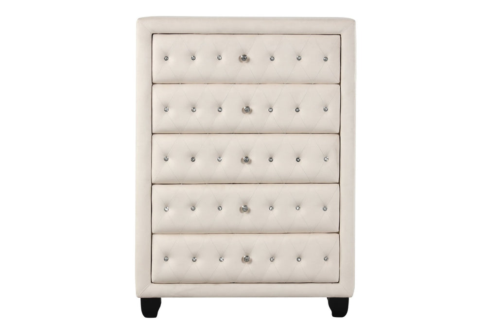 English Elm Sophia 5-Drawer Upholstered Chest In Cream Velvet With Crystal Tufting For Elegant Bedroom Storage G150108589-GIGA