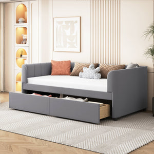 English Elm Twin Upholstered Daybed with Ergonomic Backrest, Classic Stripe Headboard and Hidden Storage Drawers Gray SF000071AAE