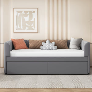 English Elm Twin Upholstered Daybed with Ergonomic Backrest, Classic Stripe Headboard and Hidden Storage Drawers Gray SF000071AAE