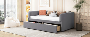 English Elm Twin Upholstered Daybed with Ergonomic Backrest, Classic Stripe Headboard and Hidden Storage Drawers Gray SF000071AAE