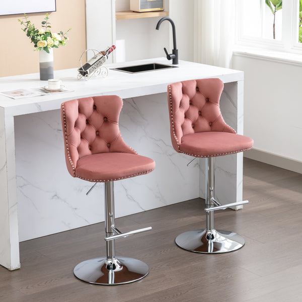 English Elm Swivel Velvet Barstools with Tufted Back and Chrome Base, Adjustable 25-33" Height, 360° Comfort Pink W1143124778