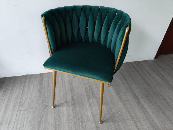English Elm Modern Velvet Dining Chairs Set of 2 with Woven Backrest and Gold Metal Legs, Elegant Arc Design for Home Green W1117P209797