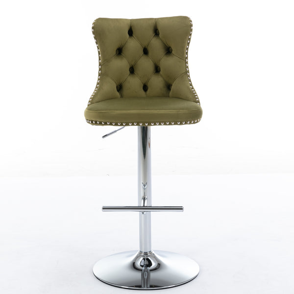 English Elm Swivel Velvet Barstools with Tufted Back and Chrome Base, Adjustable 25-33" Height, 360° Comfort Olive Green W1143124780
