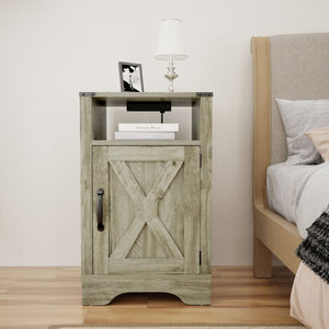 English Elm Farmhouse Rustic Nightstand Set of 2 with Built-in Charging Station and Open Display Shelf Light Grey B082134938