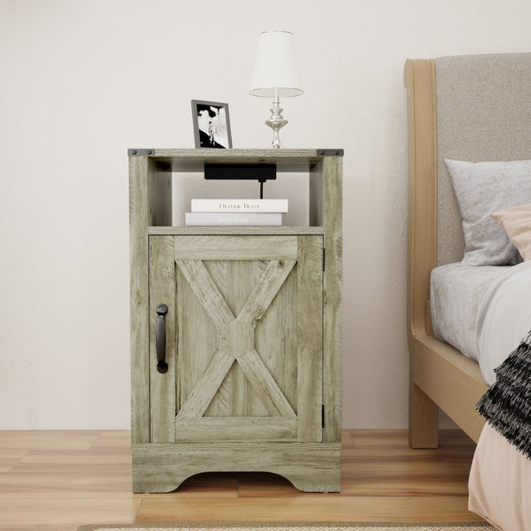 English Elm Farmhouse Rustic Nightstand Set of 2 with Built-in Charging Station and Open Display Shelf Light Grey B082134938
