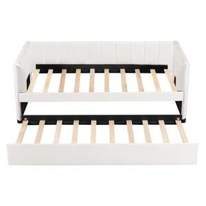 English Elm Twin Upholstered Daybed with Ergonomic Backrest and Velvet Finish, Twin Trundle for Guests and Space Saving Beige SF000072AAA