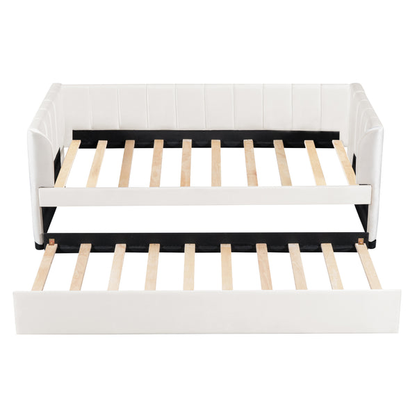 English Elm Twin Upholstered Daybed with Ergonomic Backrest and Velvet Finish, Twin Trundle for Guests and Space Saving Beige SF000072AAA