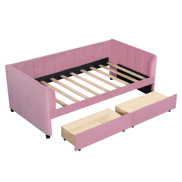 English Elm Twin Upholstered Daybed with Ergonomic Backrest, Classic Stripe Headboard and Hidden Storage Drawers Pink SF000071AAH