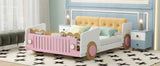 Hearth and Haven Full-Size Car-Shaped Platform Bed with Footboard Shelves, White and Pink GX000359AAK