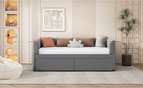 English Elm Twin Upholstered Daybed with Ergonomic Backrest, Classic Stripe Headboard and Hidden Storage Drawers Gray SF000071AAE