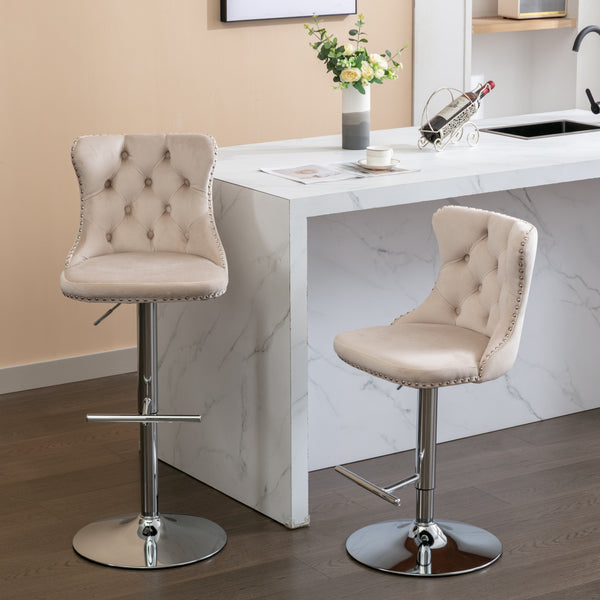 English Elm Swivel Velvet Barstools Adjustable 25–33" Seat Height, Tufted Back, Chrome Base, Modern Pub Comfort Beige W1143124777