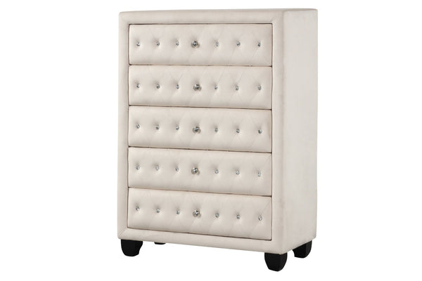 English Elm Sophia 5-Drawer Chest In Cream Velvet - Glamorous Crystal-Tufted Design For Modern Bedrooms B009136651-GIGA