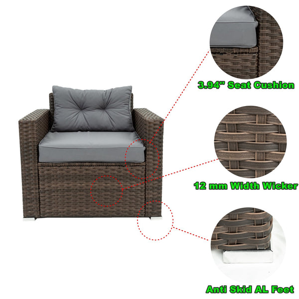 English Elm 6 Piece Patio Wicker Sectional Set with Space-Saving Nesting Design, Steel Frame, Tempered Glass Table and Weatherproof Cushions Brown W329S00061