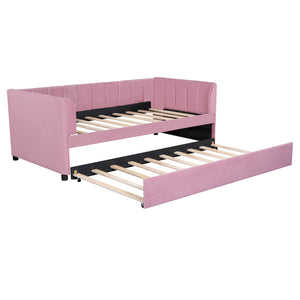 English Elm Twin Upholstered Daybed with Ergonomic Backrest and Velvet Finish, Twin Trundle for Guests and Space Saving Pink SF000072AAH