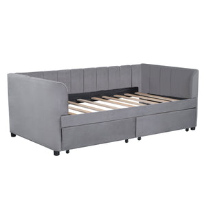 English Elm Twin Upholstered Daybed with Ergonomic Backrest, Classic Stripe Headboard and Hidden Storage Drawers Gray SF000071AAE