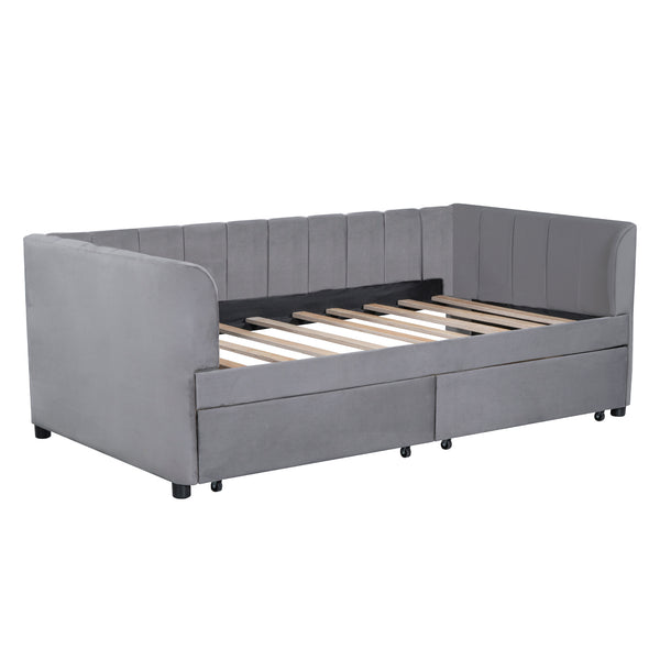 English Elm Twin Upholstered Daybed with Ergonomic Backrest, Classic Stripe Headboard and Hidden Storage Drawers Gray SF000071AAE