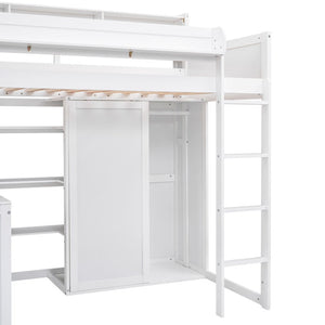 English Elm Wood Twin Loft Bed with Built-In Desk, Wardrobe & Shelves for Small Rooms — Sturdy Pine Storage Solution White GX000361AAK
