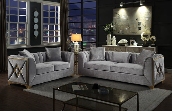 English Elm Velencia 2Pc Modern Living Room Set In Silver Velvet With Gold Accents - Comfort & Style Combined! B009S01092-GIGA