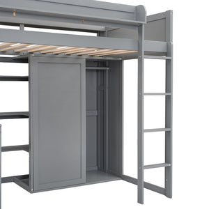 English Elm Wood Twin Loft Bed with Built-In Desk, Wardrobe & Shelves for Small Rooms — Sturdy Pine Storage Solution Gray GX000361AAE