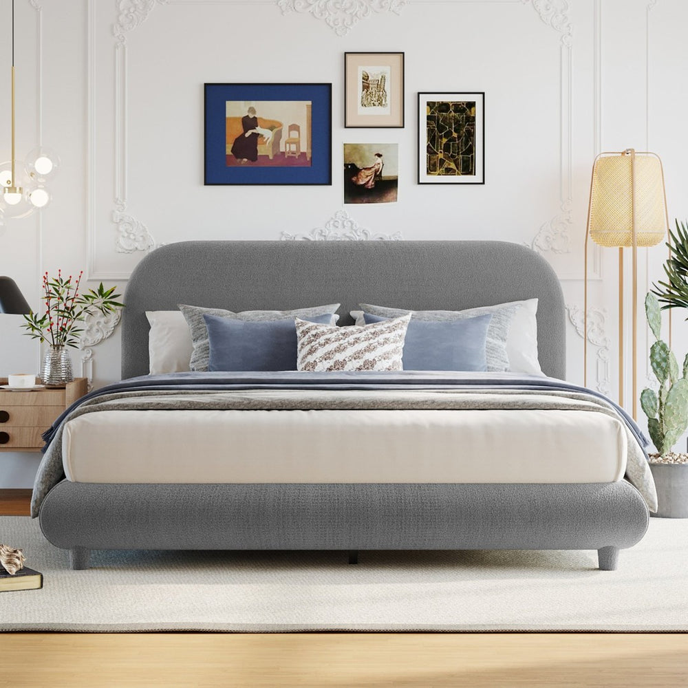 English Elm Teddy Fleece Queen Platform Bed Curved Sculptural Frame for Contemporary Bedroom SF000068AAE