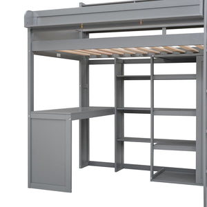 English Elm Wood Twin Loft Bed with Built-In Desk, Wardrobe & Shelves for Small Rooms — Sturdy Pine Storage Solution Gray GX000361AAE