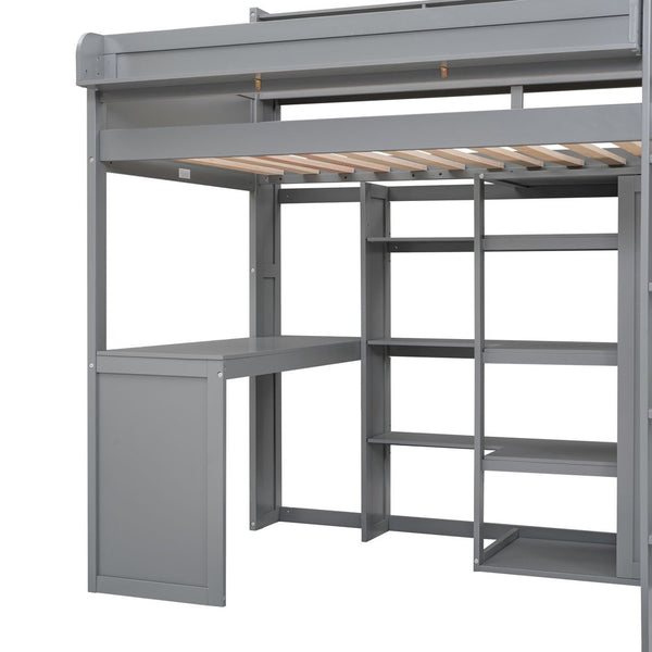 English Elm Wood Twin Loft Bed with Built-In Desk, Wardrobe & Shelves for Small Rooms — Sturdy Pine Storage Solution Gray GX000361AAE