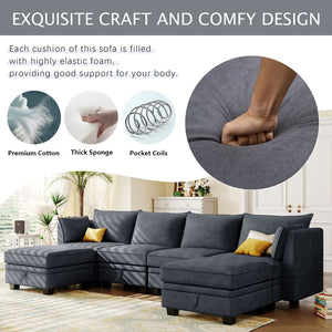 English Elm U_style Six Seat Modular U-shaped Sectional with Hidden Storage and Sleeper Function Dark Grey WY000363AAD