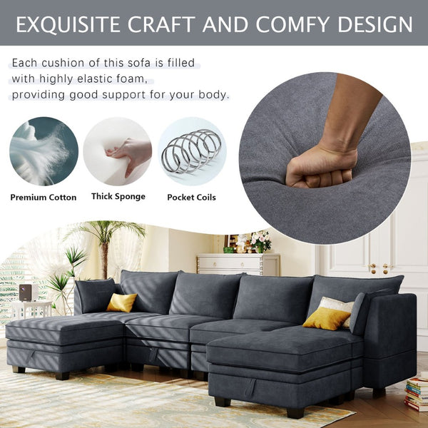 English Elm U_style Six Seat Modular U-shaped Sectional with Hidden Storage and Sleeper Function Dark Grey WY000363AAD