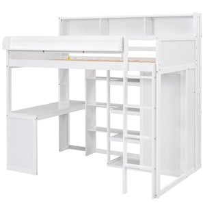 English Elm Wood Twin Loft Bed with Built-In Desk, Wardrobe & Shelves for Small Rooms — Sturdy Pine Storage Solution White GX000361AAK