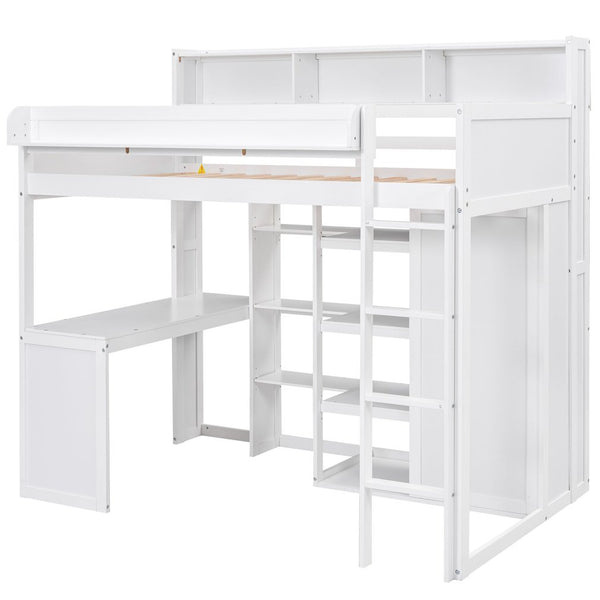 English Elm Wood Twin Loft Bed with Built-In Desk, Wardrobe & Shelves for Small Rooms — Sturdy Pine Storage Solution White GX000361AAK