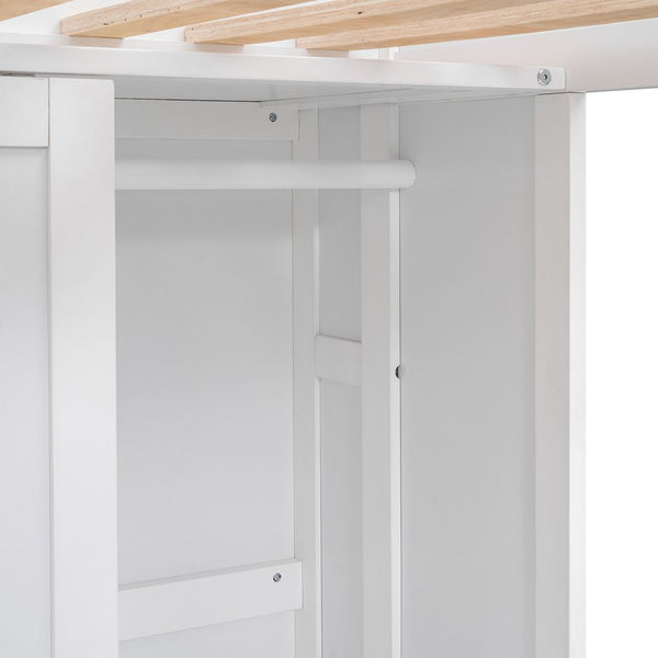 English Elm Wood Twin Loft Bed with Built-In Desk, Wardrobe & Shelves for Small Rooms — Sturdy Pine Storage Solution White GX000361AAK